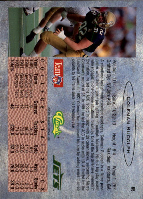 1993 Classic Draft Football "Main Set" Base Cards - Picture 131 of 201