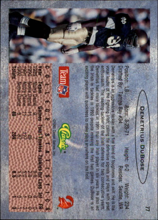 1993 Classic Draft Football "Main Set" Base Cards - Picture 155 of 201