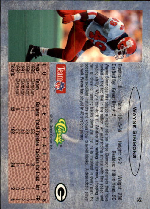 1993 Classic Draft Football "Main Set" Base Cards - Picture 185 of 201