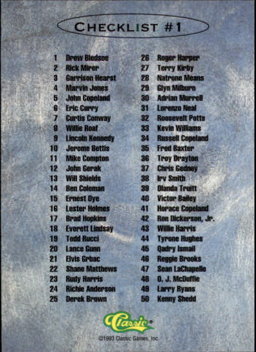 1993 Classic Draft Football "Main Set" Base Cards - Picture 199 of 201