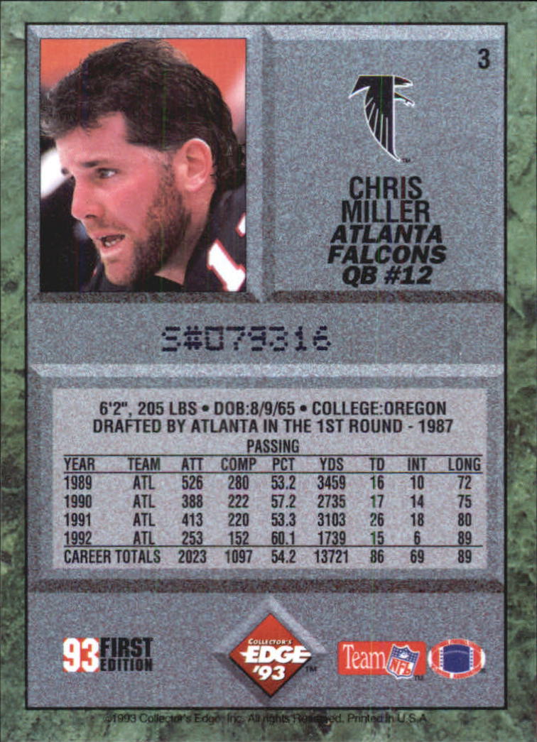 1993 Collector's Edge #3 Chris Miller back image