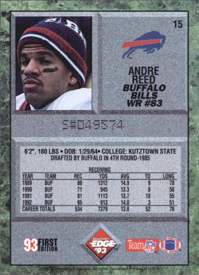 1993 Collector's Edge #15 Andre Reed back image