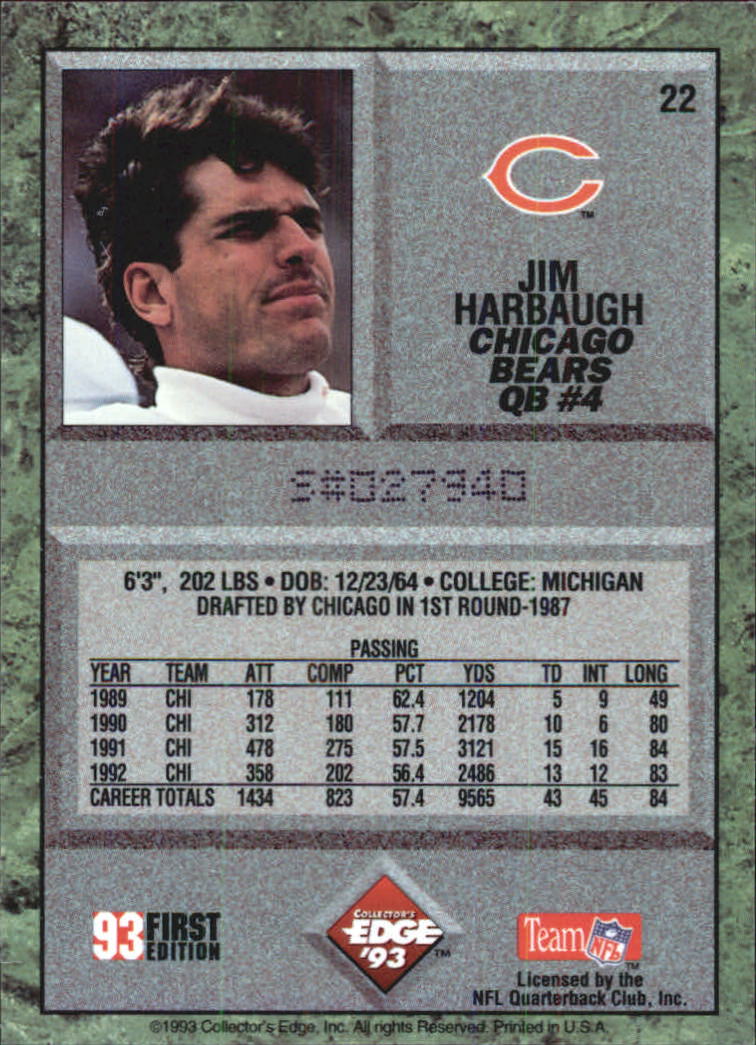 1993 Collector's Edge #22 Jim Harbaugh back image