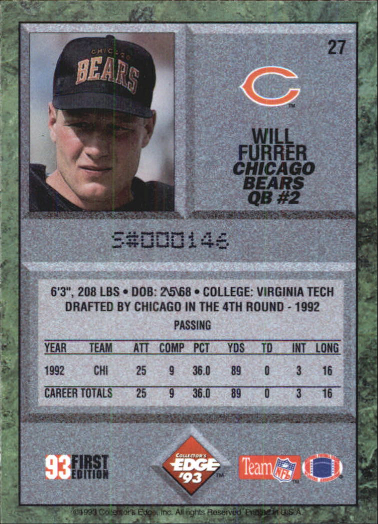 1993 Collector's Edge #27 Will Furrer back image