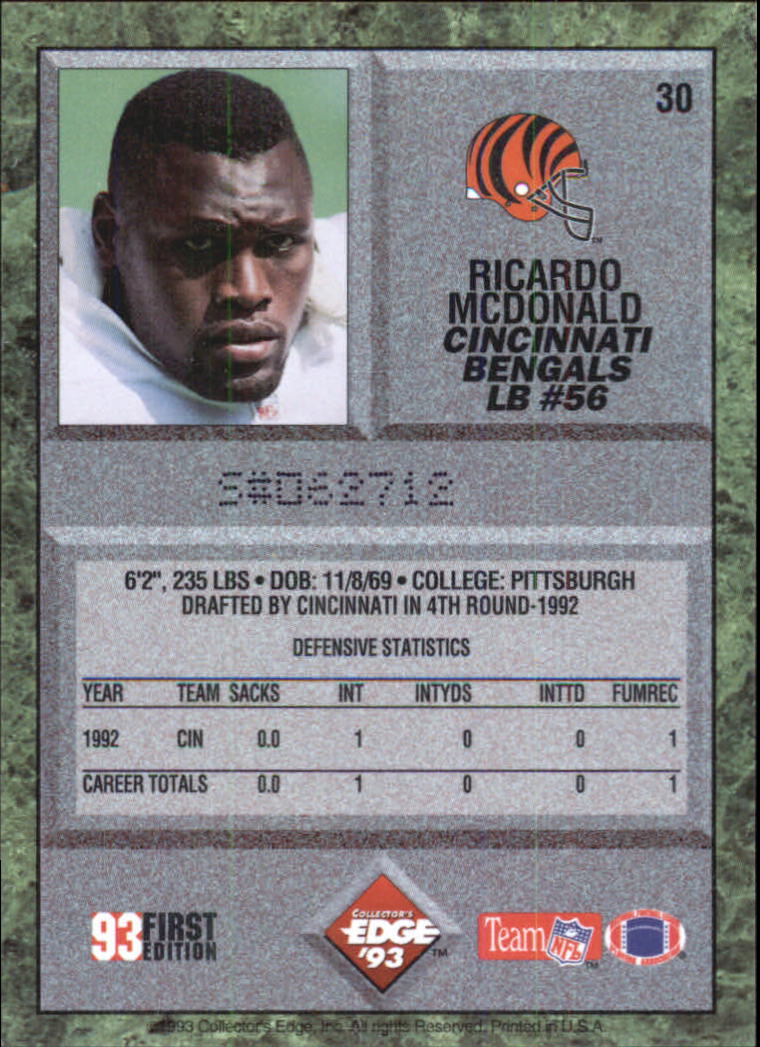 1993 Collector's Edge #30 Ricardo McDonald back image