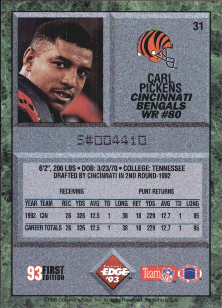 1993 Collector's Edge #31 Carl Pickens back image