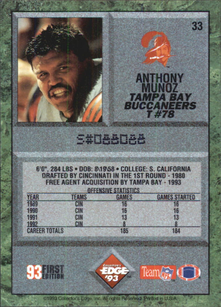 1993 Collector's Edge #33 Anthony Munoz back image