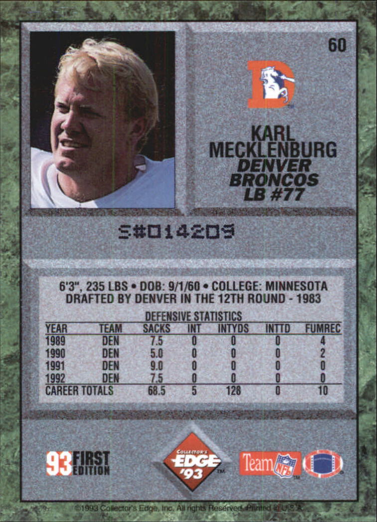 1993 Collector's Edge #60 Karl Mecklenburg back image