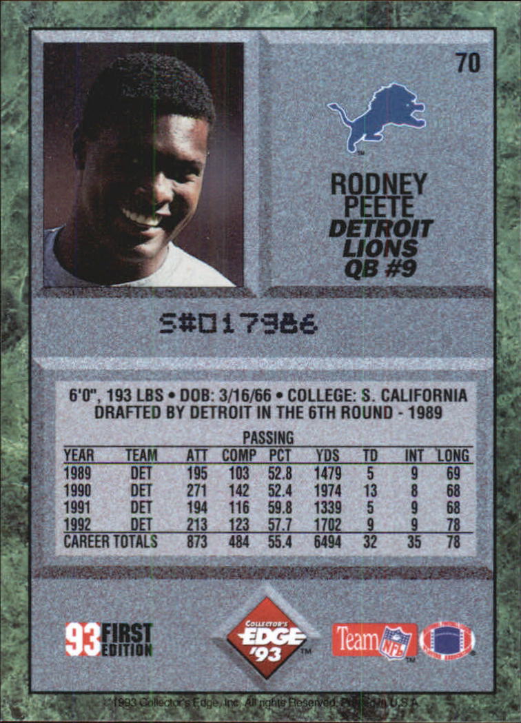 1993 Collector's Edge #70 Rodney Peete back image