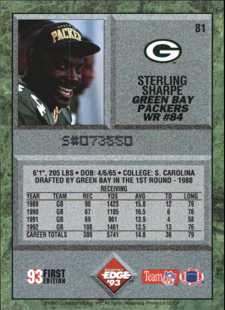 1993 Collector's Edge #81 Sterling Sharpe back image