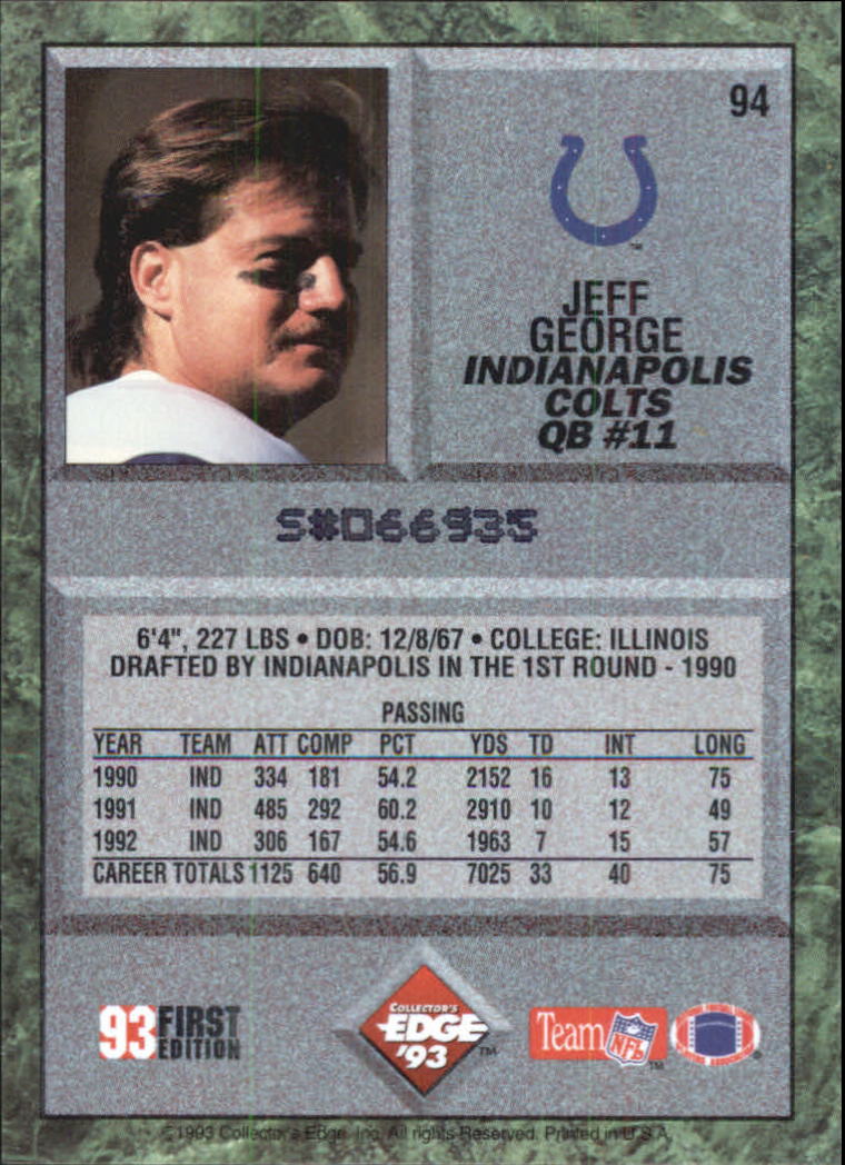 1993 Collector's Edge #94 Jeff George back image