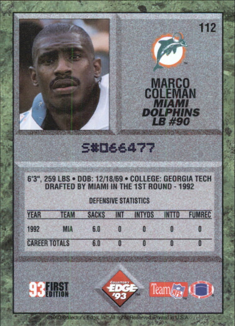 1993 Collector's Edge #112 Marco Coleman back image