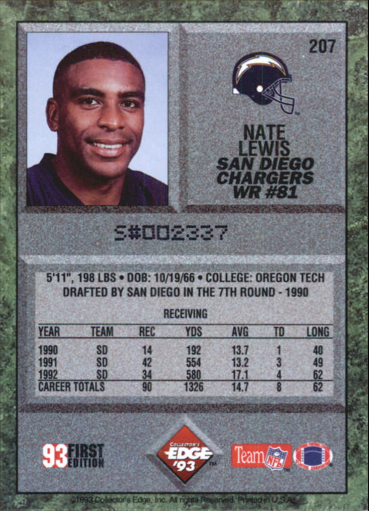 1993 Collector's Edge #207 Nate Lewis back image