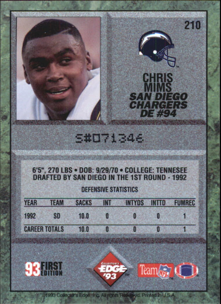 1993 Collector's Edge #210 Chris Mims back image