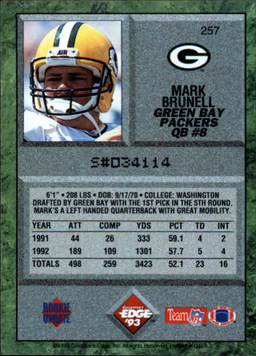 1993 Collector's Edge #257 Mark Brunell RC back image