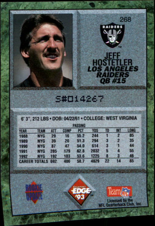 1993 Collector's Edge #268 Jeff Hostetler back image