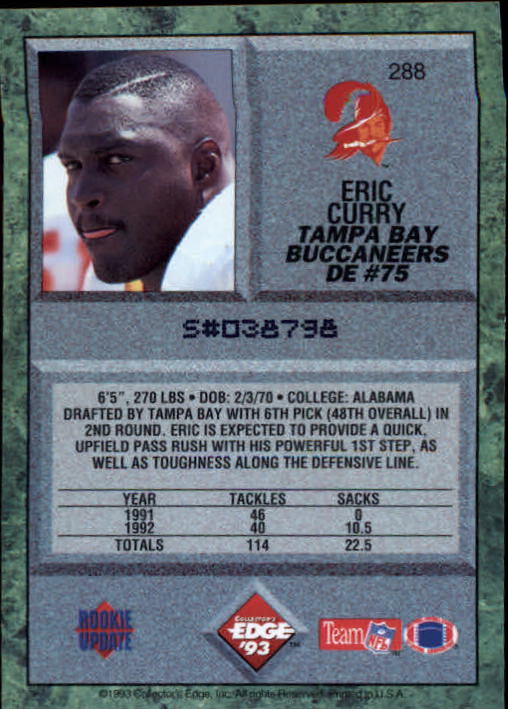 1993 Collector's Edge #288 Eric Curry RC back image