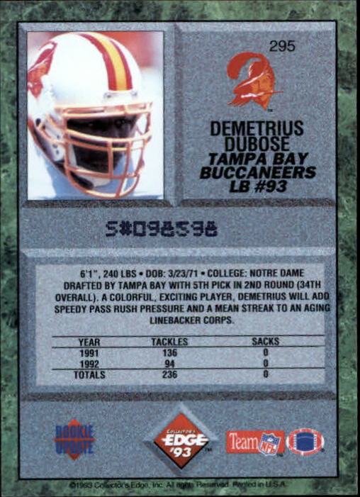 1993 Collector's Edge #295 Demetrius DuBose RC back image
