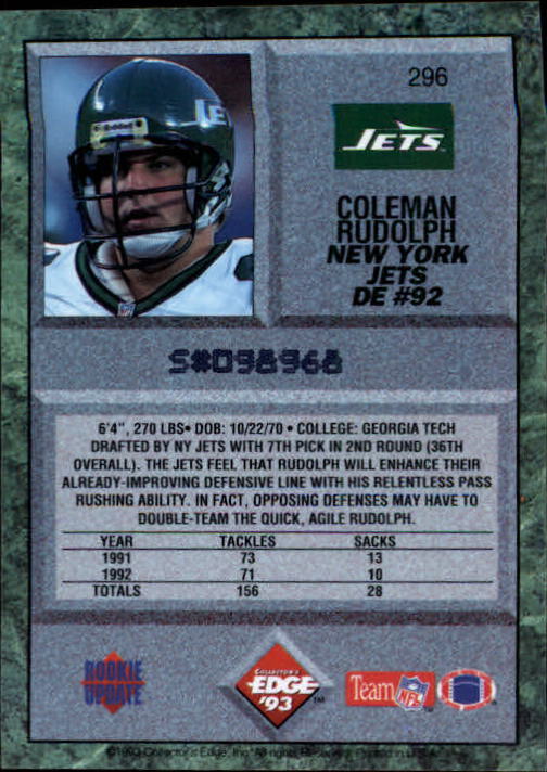 1993 Collector's Edge #296 Coleman Rudolph RC back image