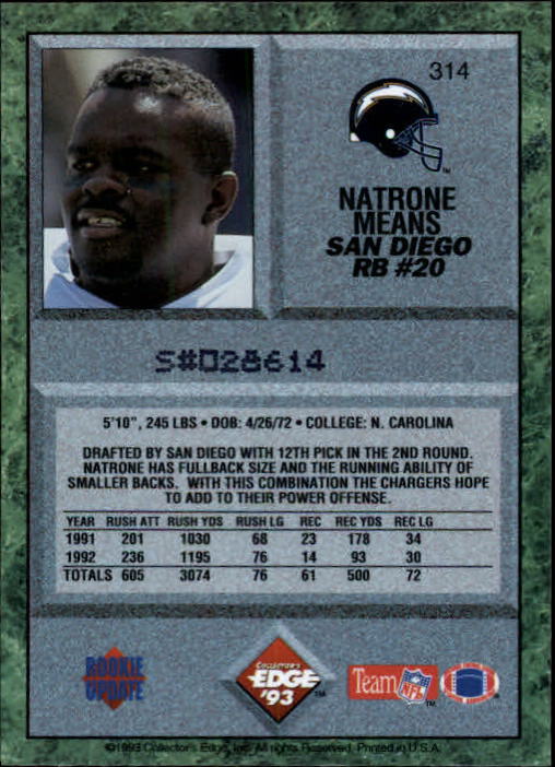 1993 Collector's Edge #314 Natrone Means RC back image