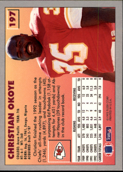 1993 Fleer #197 Christian Okoye back image