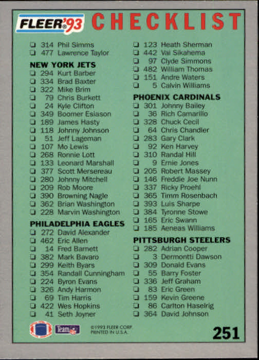 1993 Fleer Football "Main Set" Base Cards #251 to #500 - Picture 3 of 501