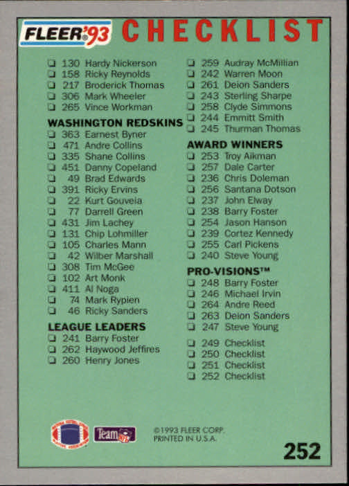 1993 Fleer Football "Main Set" Base Cards #251 to #500 - Picture 5 of 501