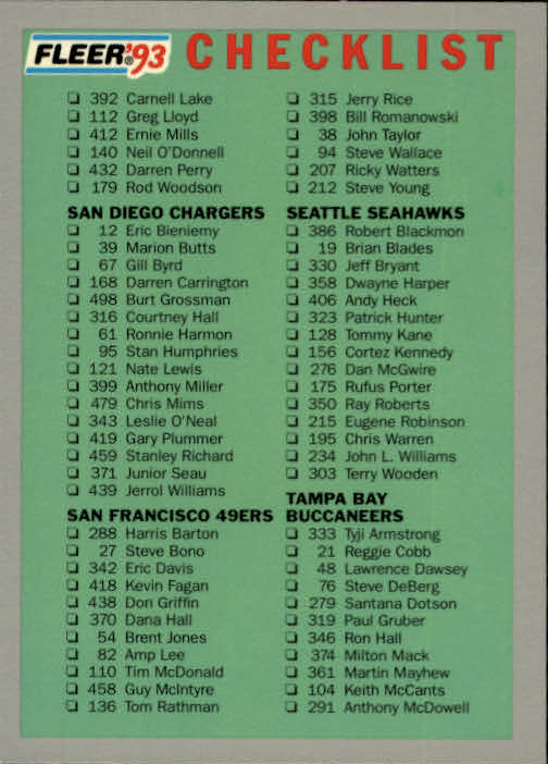 1993 Fleer Football "Main Set" Base Cards #251 to #500 - Picture 4 of 501
