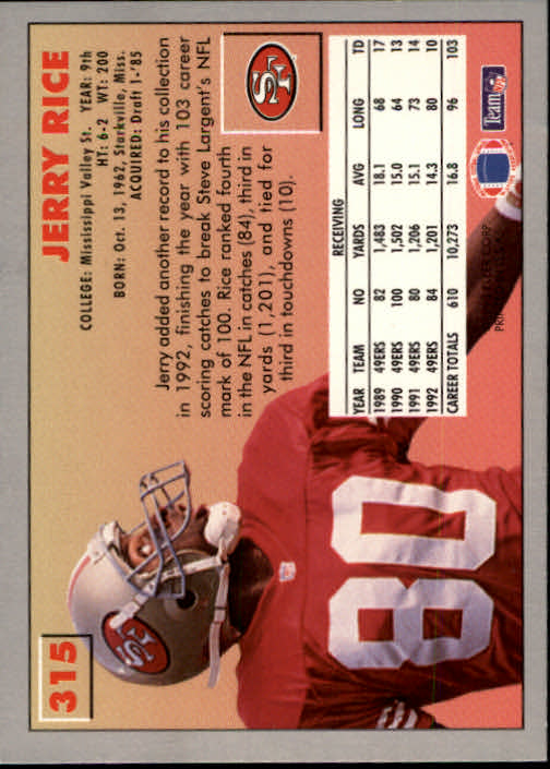 1993 Fleer #315 Jerry Rice back image