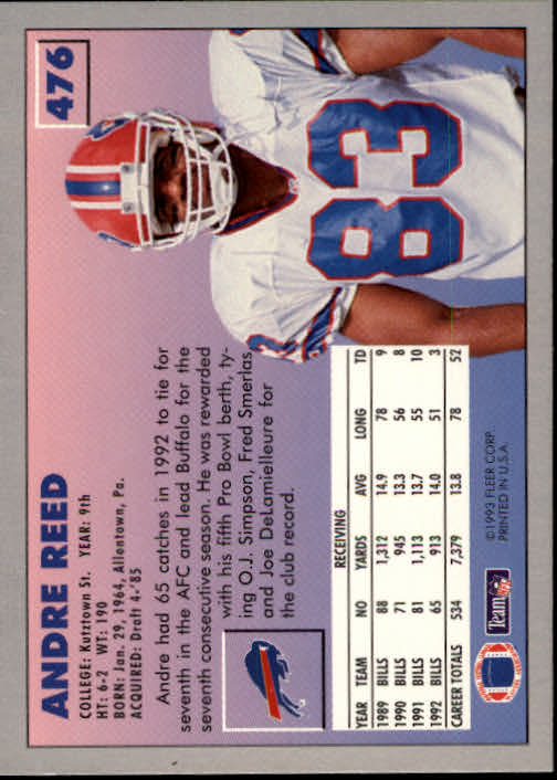 1993 Fleer Football "Main Set" Base Cards #251 to #500 - Picture 453 of 501