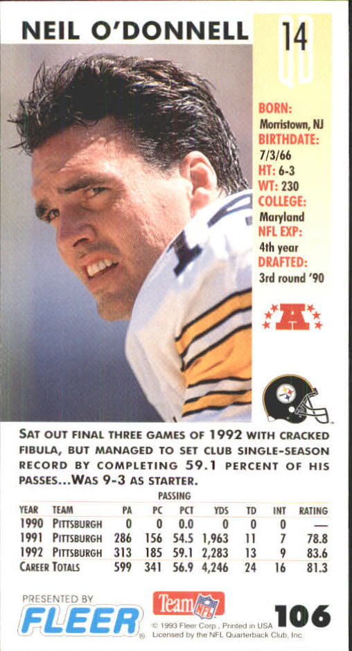 1993 GameDay #106 Neil O'Donnell back image
