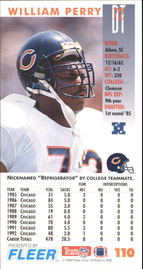 1989 Pro Set William Perry #445 NM-MT Chicago Bears "The