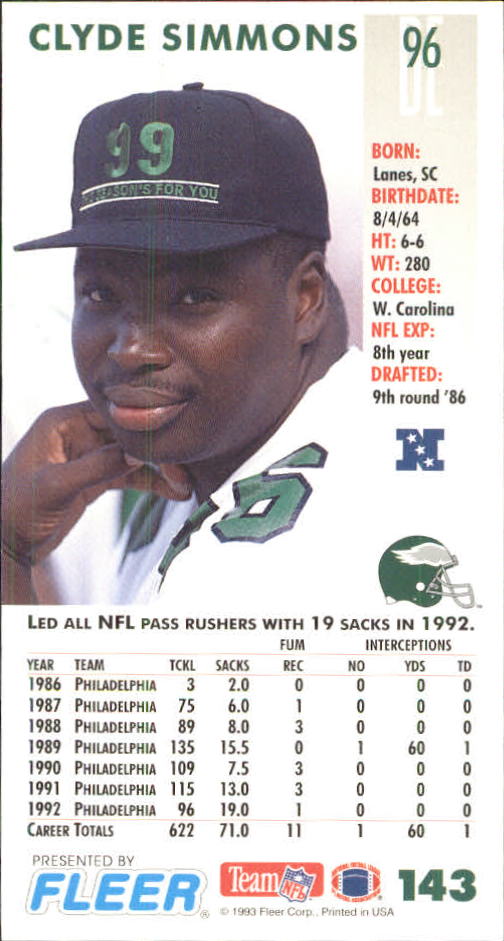 1993 GameDay #143 Clyde Simmons back image