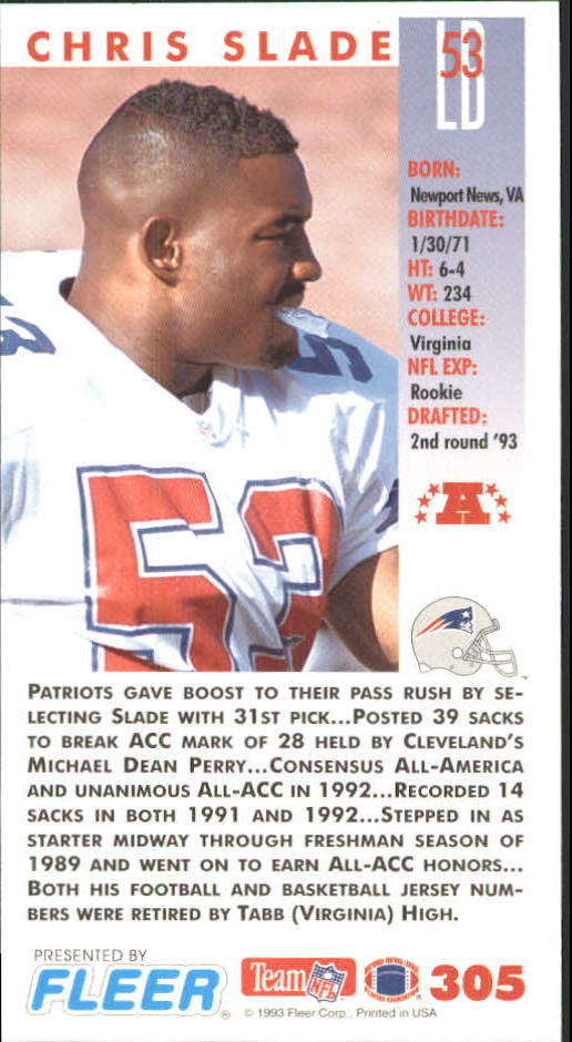 1993 GameDay #305 Chris Slade RC back image