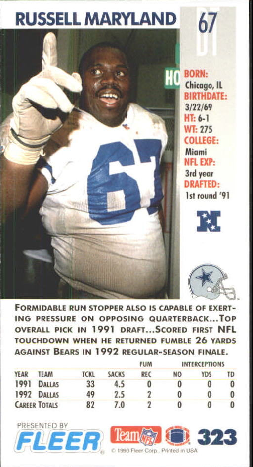 1993 GameDay #323 Russell Maryland back image