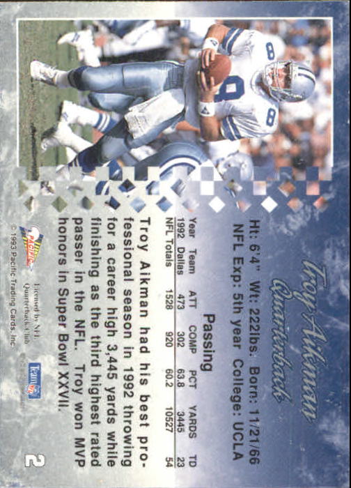 1993 Pacific #2 Troy Aikman back image