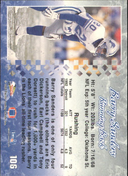 1993 Pacific #106 Barry Sanders back image