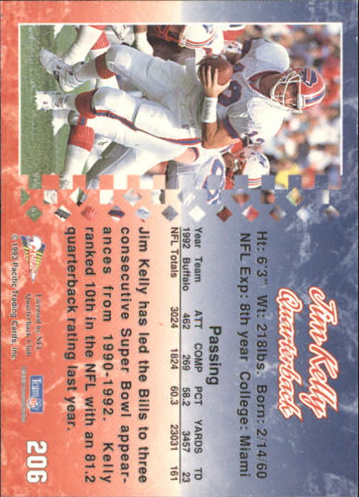 1993 Pacific #206 Jim Kelly back image