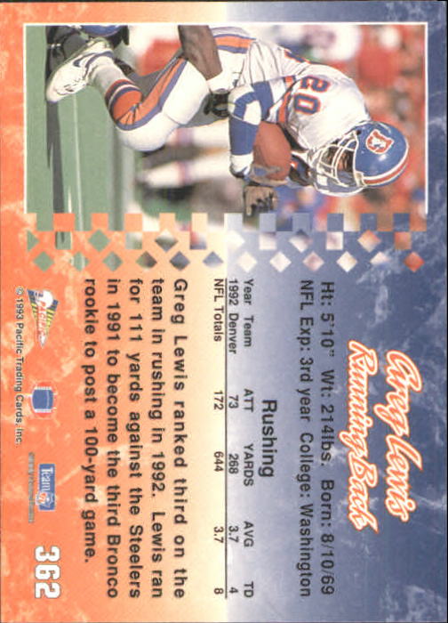 1993 Pacific #362 Greg Lewis back image