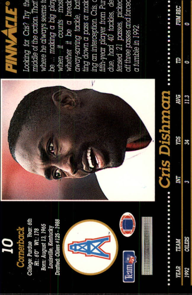 1993 Pinnacle #10 Cris Dishman back image