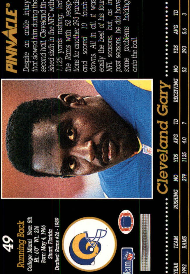 1993 Pinnacle #49 Cleveland Gary back image