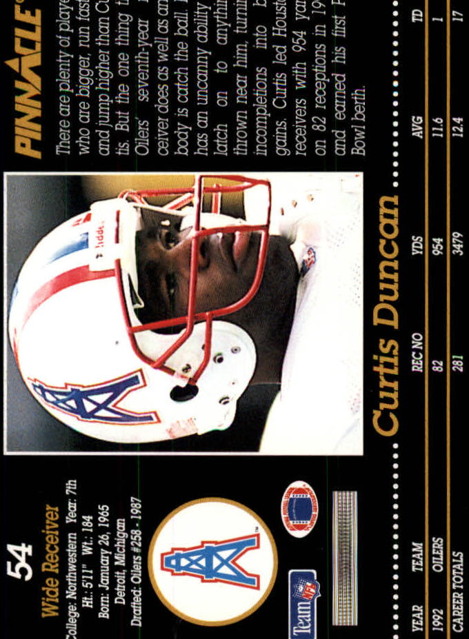 1993 Pinnacle #54 Curtis Duncan back image
