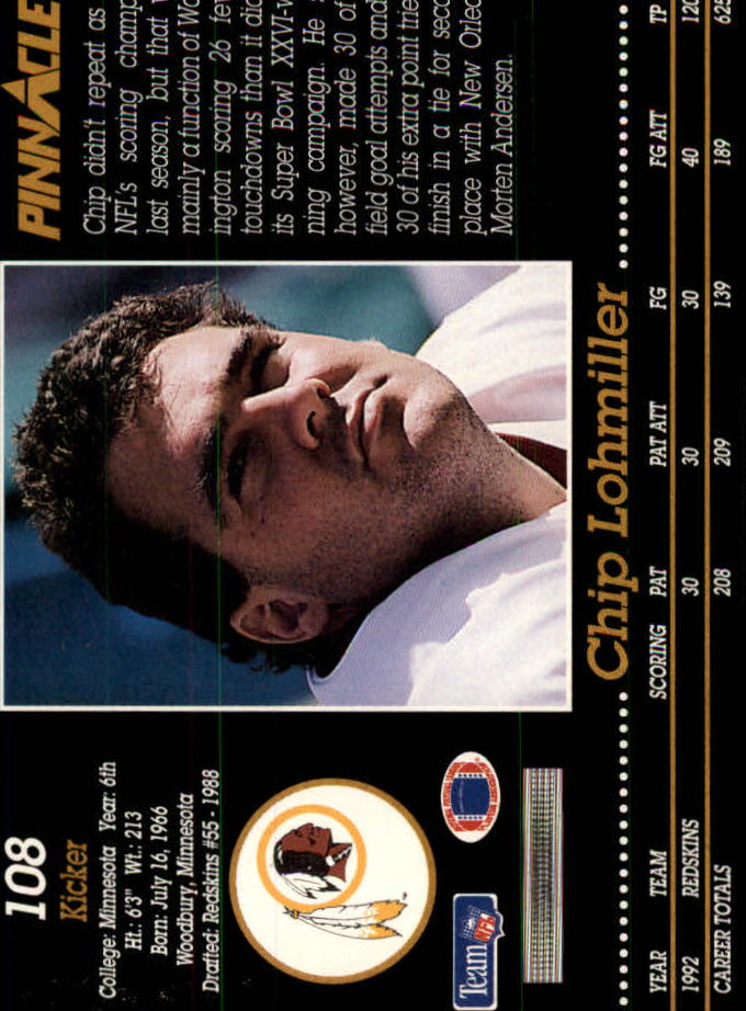 1993 Pinnacle #108 Chip Lohmiller back image