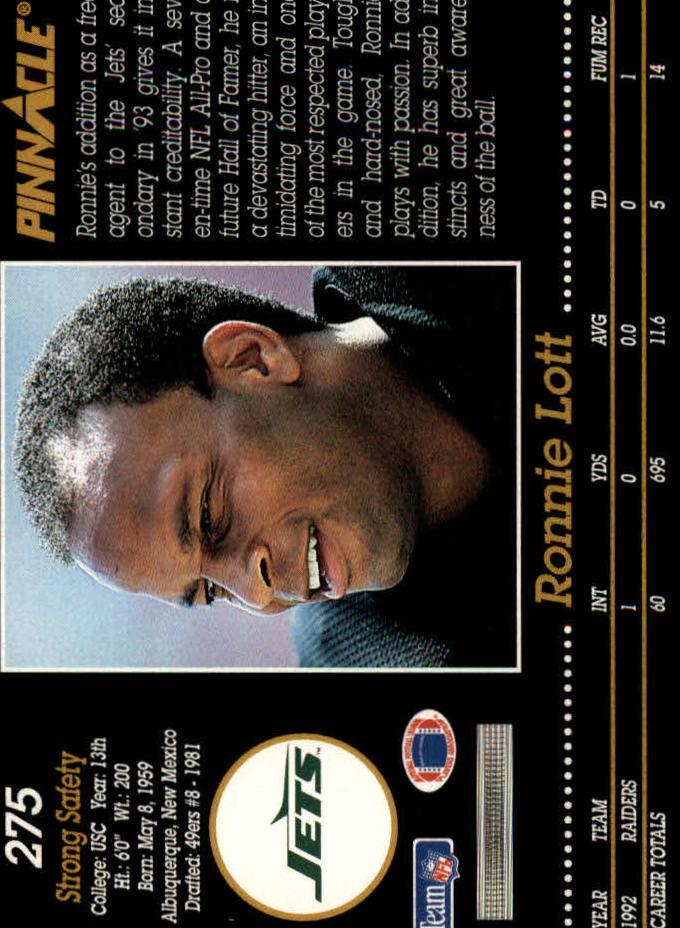 1993 Pinnacle #275 Ronnie Lott back image