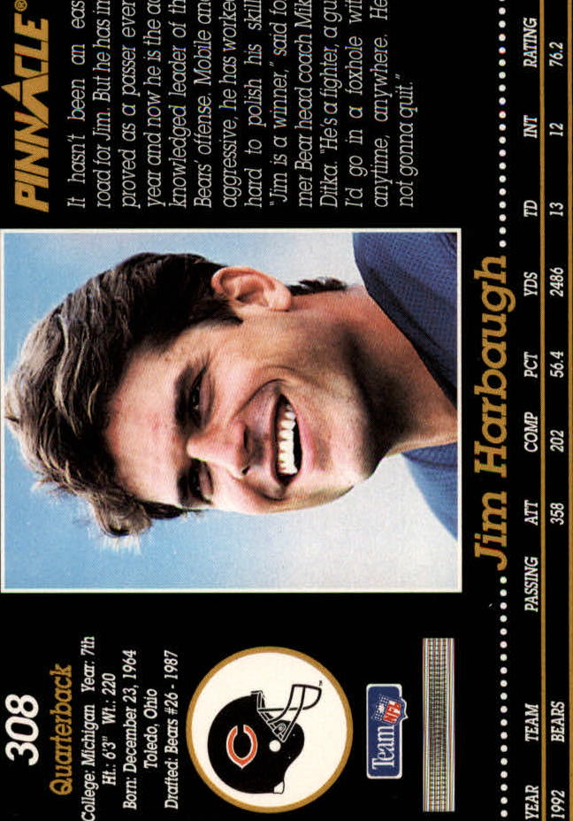 1993 Pinnacle #308 Jim Harbaugh back image