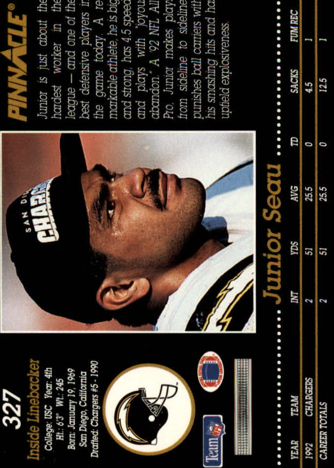 1993 Pinnacle #327 Junior Seau back image