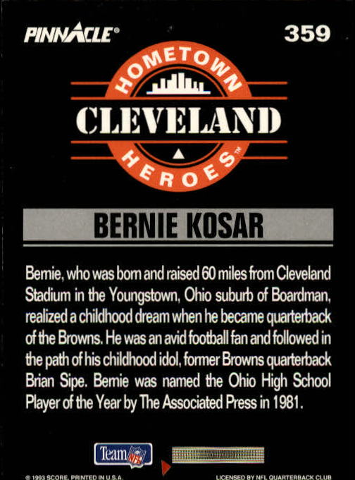 1993 Pinnacle #359 Bernie Kosar HH back image
