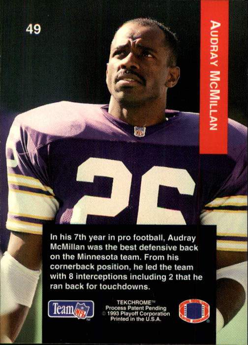 1993 Playoff #49 Audray McMillian back image