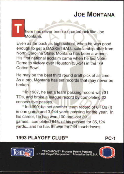 1993 Playoff Club #PC1 Joe Montana back image