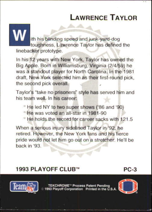 1993 Playoff Club #PC3 Lawrence Taylor back image